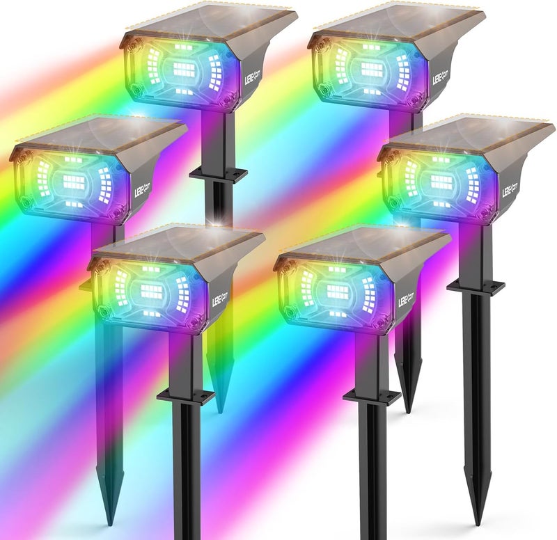 LEREKAM Color Solar Lights Outdoor Waterproof Spotlights with 9 Light Modes, Color Changing Solar Outdoor Lights for Decorate Festivals, Colored Solar Spot Lights Auto On/Off, RGBW 6 Pack - Image 1